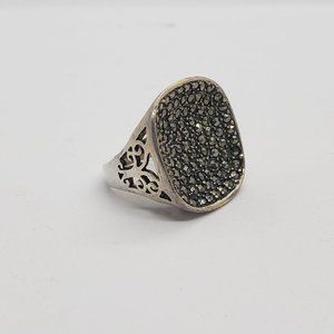 Vintage .925 Sterling Silver & Marcasite Pave Square Concave Ring, Size 7